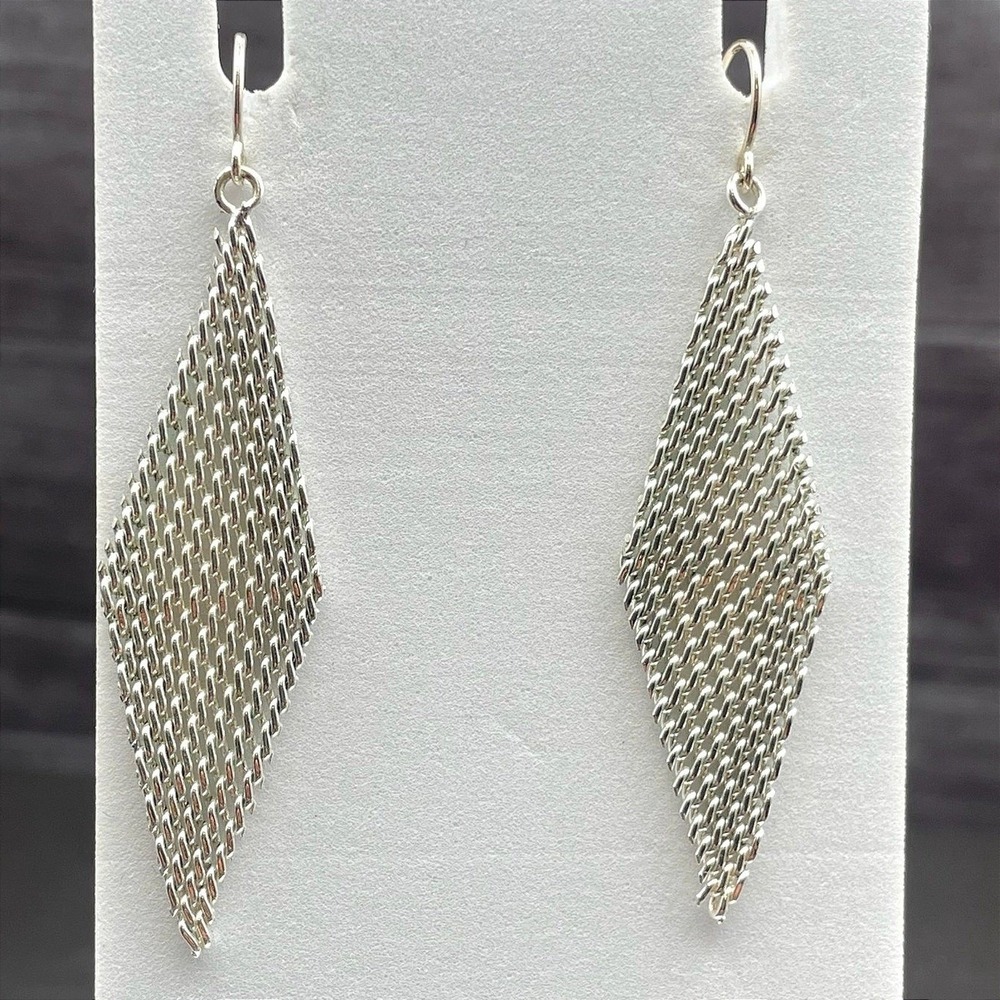 Vintage Silver Tone Mesh Diamond Dangle Earrings Retro Disco Style